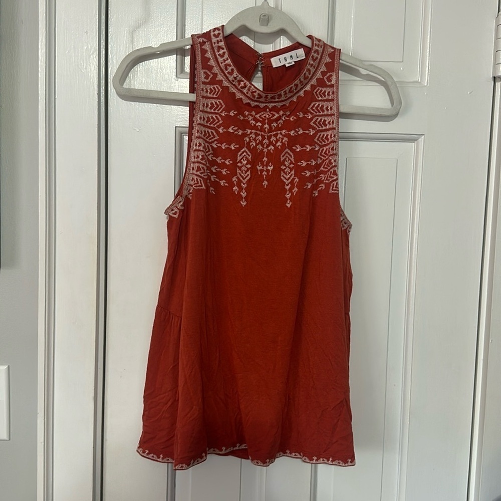 THML Sofia Moroccan Embroidered top Melon Orange and White size  large